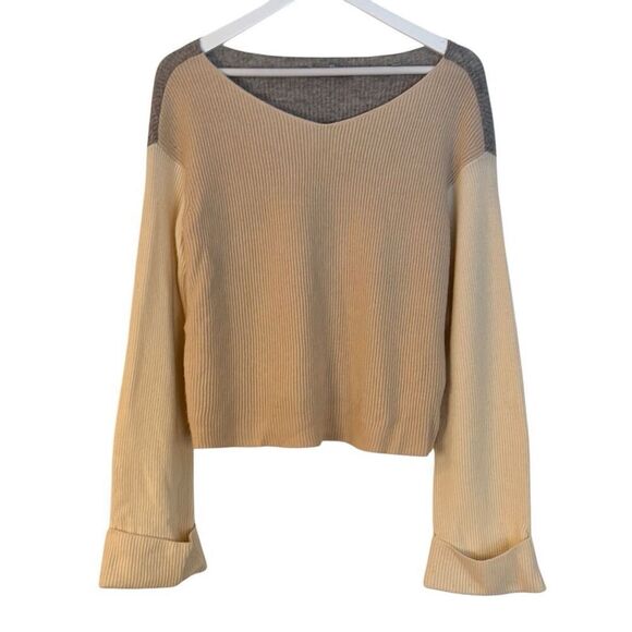 Vince 100% cashmere cream tan and grey colorblock neck sweater large - Picture 1 of 10